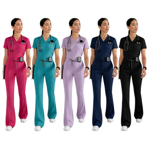 Meilleurs ensembles de blouses unisexes à col en V avec poches et pantalons évasés, uniformes d'hôpital, designs de LOGO personnalisés, tenues médicales pour dentistes et médecins - Product Image 5