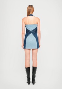 Robe chemise mini en jean à col licou, sans manches, délavée claire, avec poches, en tissu stonewashed, style décontracté hiver pour femme, couleur contrastante - Product Image 3