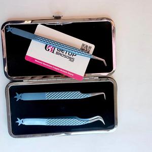 Pince à épiler pour extensions de cils 90 degrés / courbe nouvelle / 45° en acier inoxydable, lisse, de précision, avec revêtement en poudre bleue et découpe étoile argentée - Product Image 5