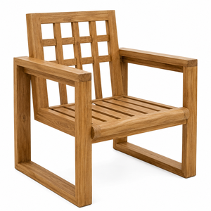 Chaise de jardin extérieure contemporaine en teck massif, durable, écologique, imperméable, avec dossier à grille géométrique pour patio et parc - Product Image 2