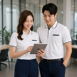 <b>White</b> Short Sleeve Uniform Shirt with Navy <b>Trousers</b> Breathable Cotton Seamless Fusing Needle Detection for Adults Unisex - Product Image 2