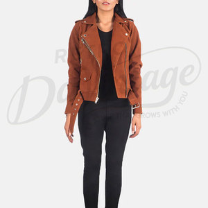 Women's Real Suede <b>Leather</b> Biker Jacket Western Fringe Style <b>Rivet</b> Stand Front Breathable Wholesale Premium Brown Suede <b>Leather</b> - Product Image 3