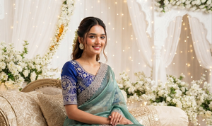 Sari en soie turquoise élégant avec broderie argentée et chemisier bleu pour les occasions de mariage, sari traditionnel pour femmes, longueur au sol - Product Image 3