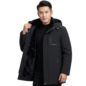 Veste en toile d'hiver pour homme, couleur unie, coupe-vent, fermeture éclair, vêtement d'extérieur décontracté avec logo sur le devant et doublure en coton/nylon - Product Image 3
