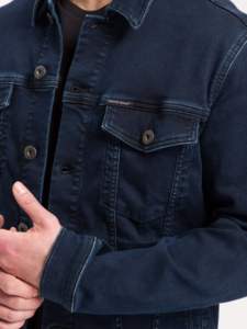 Veste en jean slim pour homme, bleu foncé, col rabattu, simple boutonnage, style décontracté, coton lavé, automne - Product Image 2