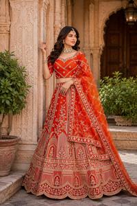 Vestido de novia de diseñador con bordado elaborado con zari, dori y hilo, lehenga de seda premium con blusa y dupatta de trabajo elaborado. - Product Image 1