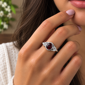 Anillo de Plata con Granate Rojo de Corte Redondo, Piedra Natural de Enero, Joyería Artesanal con Gema, Anillo de Declaración - Product Image 1
