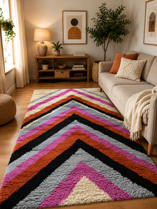 Tapis géométrique moderne à poils longs, fait main, doux et moelleux, coloré, motif chevron, pour salon et chambre à coucher - Product Image 2