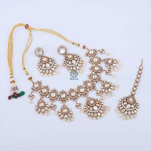 Vidhi Polki Bridal Designer Necklace Set-24K Gold Plated Platinum with Zircon and Pearl - Product Image 4