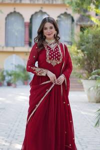 Vestido Anarkali con bordado color granate real para mujer, traje festivo étnico indio con dupatta a juego, colección para fiestas. - Product Image 2