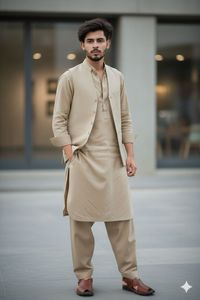 Ensemble Kurta Pyjama Gilet en Coton Beige Traditionnel pour Homme Coupe Droite Longueur Cheville Style Indien Pakistanais Toutes Saisons - Product Image 6