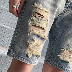 Nouveaux shorts en jean délavé pour hommes, coupe droite, respirants, 100 % coton, style vintage, effet usé - Product Image 5