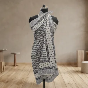 Black White Hand Block Printed Cotton Sarong Scarf with Leaf Motif Border Lightweight Beach Wrap Stole for Women - Product Image 6