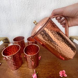 Copper jug set for premium showroom display product <b>water</b> serving metal set with <b>glasses</b> durable reusable kitchen dining drinkwa - Product Image 3
