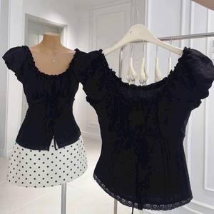 Conjunto de Blusa con Lazo y Volantes Negros y Falda de Puntos para Mujer, Venta al Por Mayor, Atuendo de Dos Piezas a la Moda - Product Image 3