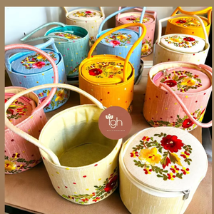 Hand-Embroidered Silk Potli <b>Vanity</b> Bags Vibrant Floral Artisanal Round <b>Makeup</b> Organizers with Secure Zipper Closure - Product Image 1