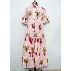 Vestido largo casual acampanado de algodón con estampado floral y cuello en V para mujer, cintura natural, manga larga, estampado a mano, transpirable, venta al por mayor - Product Image 2