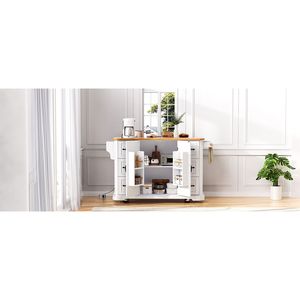 Isola da Cucina K K da 56 Pollici con 4 Ripiani, Presa di Corrente, Strisce Verticali in Rilievo, Piano Ribaltabile in Impiallacciatura di Legno di Gomma - Product Image 4