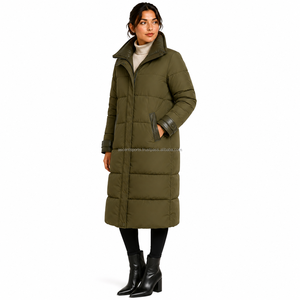 Manteau long matelassé pour femme, col montant, fermeture éclair, vert olive, chaud et décontracté, vente en gros - Product Image 3