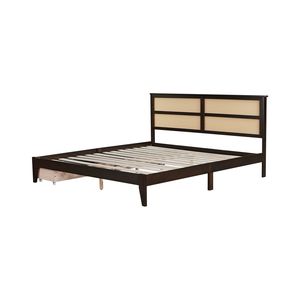 Letto King-Size in Legno Espresso con Testiera in Rattan, Supporto Migliorato e Due Cassetti Contenitori - Product Image 2