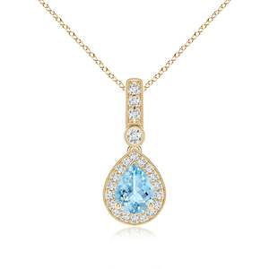 Pendentif en or 14 carats certifié IGI, véritable aigue-marine taille poire 6x4mm 0,35 carats, pavé de diamants, halo, fait main, bijoux fins, pendentif goutte d'eau - Product Image 1