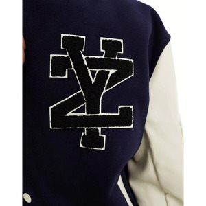 <b>Men's</b> Navy <b>White</b> Genuine Leather Varsity <b>Jacket</b> Embroidered Letter Logo Turn-down Collar Regular Fit Preppy Style Winter Wear - Product Image 5