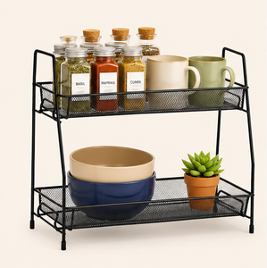 Minimalist Design Heavy Duty Multifunctional Kitchen Organizer Sundries Durable Mesh Shelf Black Double Tier Metal <b>Storage</b> <b>Rack</b> - Product Image 3