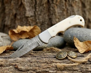 UA Supplies OEM Industrial Grade Damascus Steel Foldable Pocket <b>Knife</b> with Clip Point Blade White <b>Handle</b> 6.5in EDC - Product Image 1