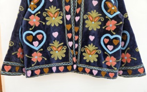 Breathable 100% Velvet Suzani Embroidered Floral Printed Jacket <b>Covered</b> <b>Button</b> Closure Full Sleeve for Women's Spring Autumn - Product Image 3