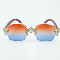 Lunettes de soleil New Cross entièrement incrustées de diamants Factory Lunettes de soleil Jambes en bois originales et verres coupés de 58MM