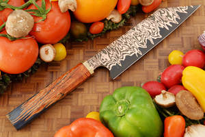 Cuchillo de cobre damasco hecho a mano con mango de madera y cobre y funda de cuero premium para uso profesional en la cocina. - Product Image 6