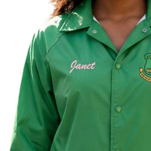 Green Women Snap Front <b>Coach</b> Jacket with Green Embroidered Crest Long Sleeve Casual Lightweight Outerwear Comfortable Daily Wear - Product Image 2