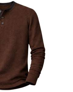 Camiseta Térmica de Manga Larga para Hombre, Estilo Henley, Color Marrón Oscuro, Cuello con Botones, Prenda Casual de Invierno, Algodón, Corte Ajustado, Tejido Transpirable - Product Image 4