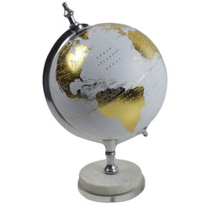 Globo Terráqueo Blanco de 36 cm con Base de Metal y Acrílico, Diseño Clásico, Acabado Pulido, Mapa del Mundo - Product Image 1