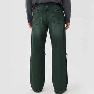 Wholesale Affordable Price Ripped Off STraight Leg Wide Botttom Denim Pants Streetwear Breathable Side Black Panels Jeans Pants - Product Image 3