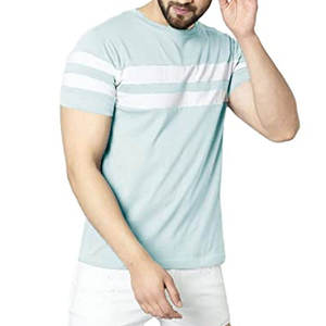 T-shirt rayé à manches courtes pour homme, col rond, coupe classique, décontracté, en coton tricoté respirant, motif bleu clair et blanc - Product Image 1