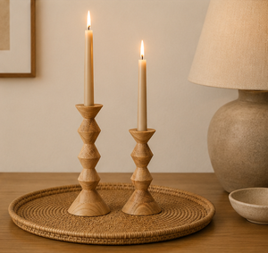 Handcrafted Modern Geometric Natural Oak Wooden Candlestick Holders For Taper Candles Set Of 2 Minimalist Home Decor <b>Stands</b> - Product Image 2