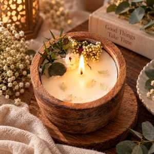 Bougie artisanale en pot de bois avec fleurs séchées naturelles, parfum floral, durée de combustion de 20 à 40 heures, parfum d'ambiance rustique pour la maison, centre de table - Product Image 3