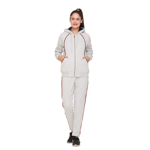 Women's Gray Hooded Tracksuit Set Full Sleeve Zipper Sweatshirt with <b>Side</b> Pockets Casual Solid Color Autumn Wear - Product Image 1