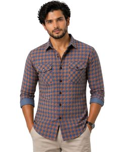 Chemise décontractée pour homme, coupe slim, manches longues, boutonnée, en coton, motif pied-de-poule marron et bleu, qualité supérieure, élégante. - Product Image 1