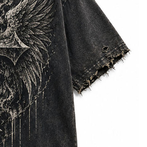 T-shirt oversize pour homme, style denim gothique, imprimé ailes et croix usées, délavé, manches courtes, streetwear - Product Image 6