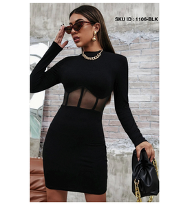 Robe moulante noire unie tendance pour femme, en polyester, mi-longue, sexy, ajustée, confortable, pour club, soirée, dîner ou voyage - Product Image 1