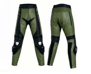 Pantalones de Motociclista de Cuero Hechos a Mano, Transpirables, de Secado Rápido, Talla Grande, Color Verde Oliva y Negro - Product Image 1