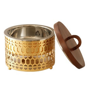 Handcrafted Metal Cut-Work Hot Pot with Wood Lid Laser Cut Jaali Design Serving Dish Premium Gold Finish Tabletop Food Warmer - Product Image 2