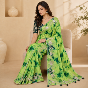 Sari en soie Upada vert tie-dye vintage, longueur ras du sol, infroissable, protection solaire, broderie miroir, pour femme, tenue de soirée indienne - Product Image 2