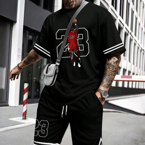 Conjunto de Camiseta y Pantalones Cortos de Verano para Hombre, 100% Algodón, Tejido de Punto, de Secado Rápido, con Estampado por Transferencia de Calor, Estilo Urbano, Personalizado, al por Mayor - Product Image 1