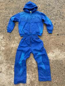 Custom Logo Vintage Distressed Applique Patch <b>Embroidery</b> Rhinestone Hoodie <b>Set</b> Acid Wash Sun Faded Oversized Tracksuits for Men - Product Image 1