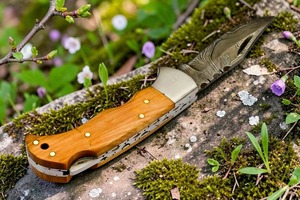 Cuchillo hecho a mano de acero de Damasco con hoja de punta caída y mango de madera, cuchillo de camping de filo recto - Product Image 2