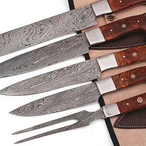Juego de 5 cuchillos de cocina de acero de Damasco con mangos de madera, hojas de punta recta, cuchillos profesionales para chef OEM - Product Image 3