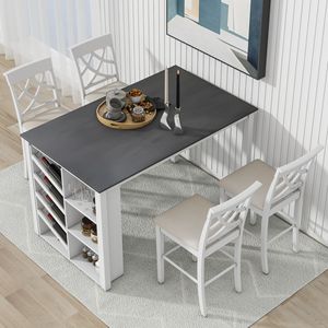 Set da Pranzo Aggiornato in Legno Massello da 5 Pezzi, Tavolo Alto 150x90 cm con Portabottiglie Curvo e 4 Sedie Imbottite - Product Image 2